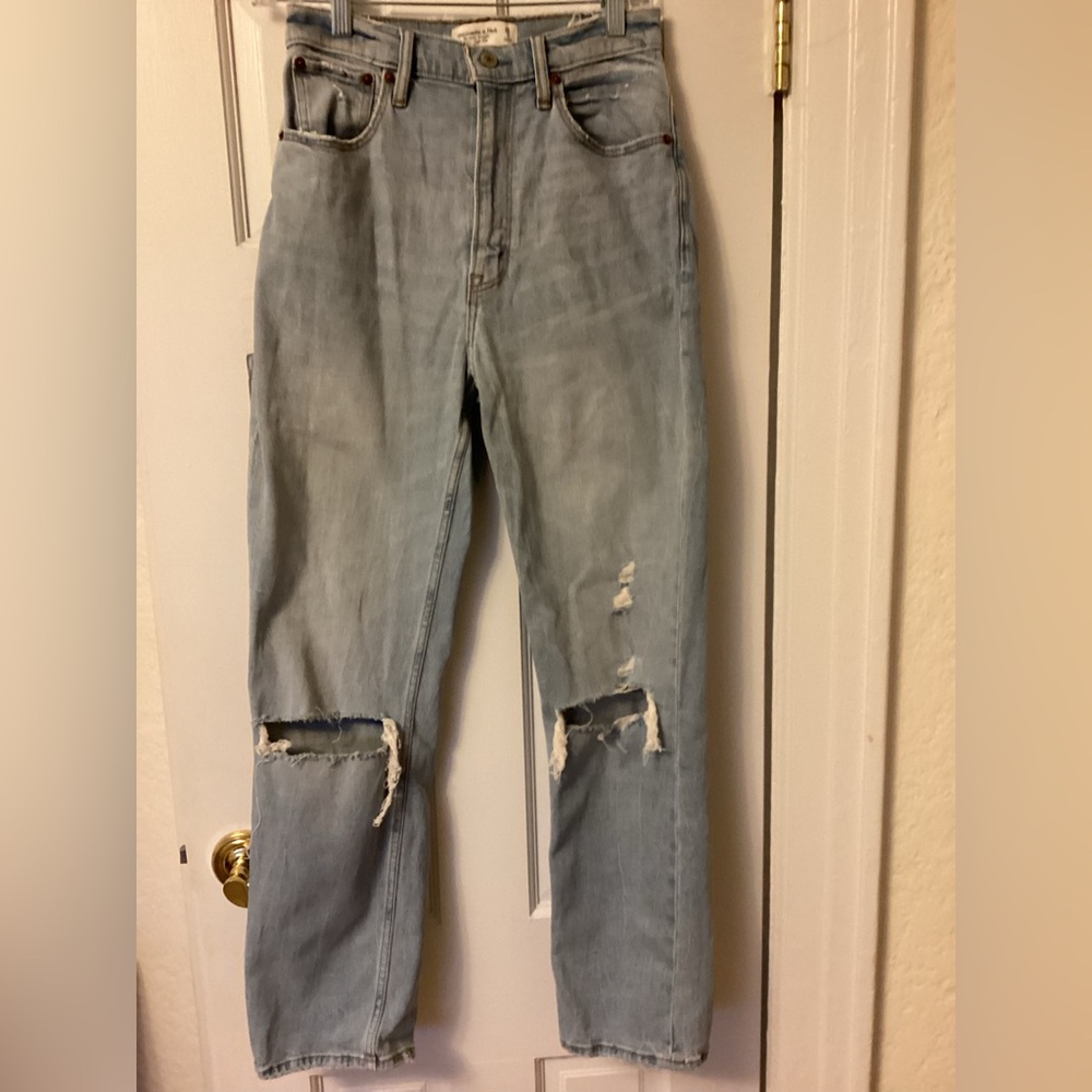Abercrombie & Fitch Light Blue Ripped Ultra High Rise Straight Leg Jeans